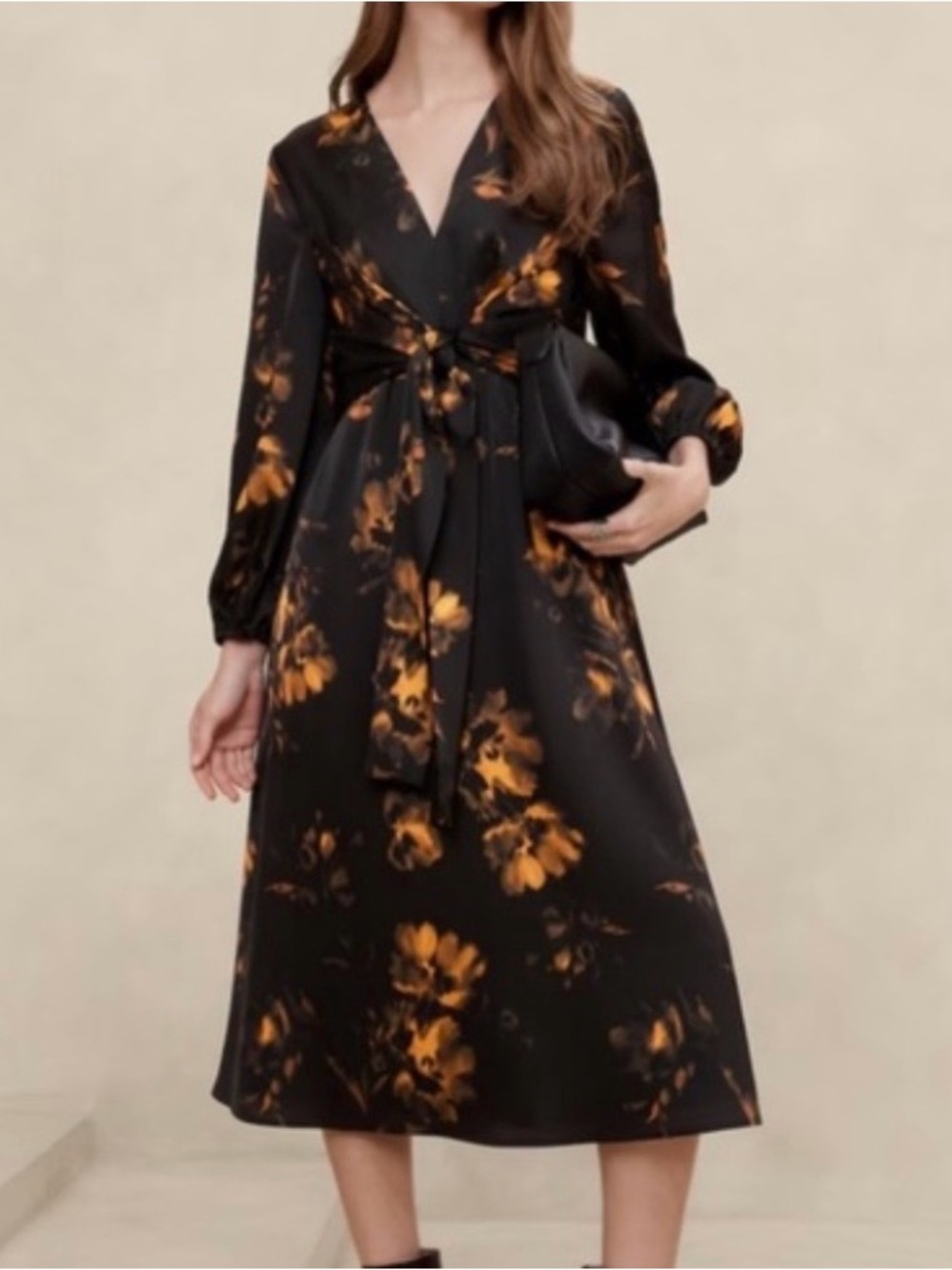 Banana Republic Black Rust Floral Satin Midi Dress Size 8 Tie Front